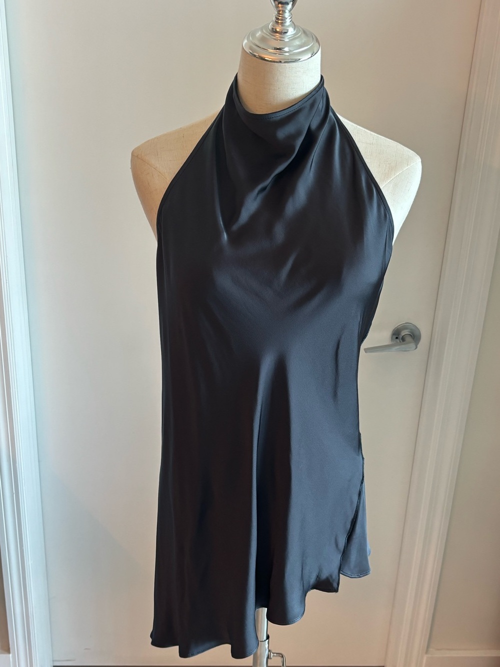Zara Navy Satin Asymmetrical Halter Neck Top